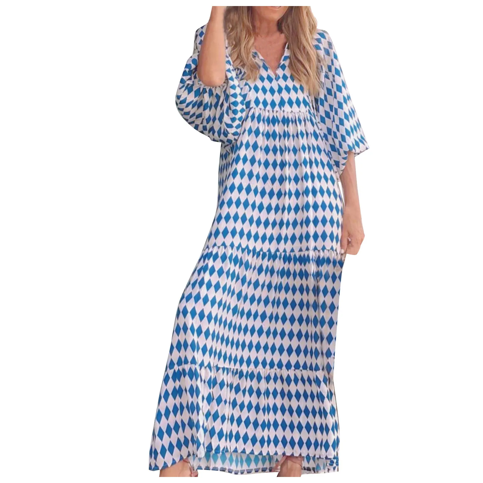 Women Bohemia Casual Dress Summer Geometric Print Neckline Lace-up Puff Sleeves Long Dresess Holiday Beach Robe A-Line Vestidos Women Bohemia Casual Dress Summer Geometric Print Neckline Lace-up Puff Sleeves Long Dresess Holiday Beach Robe A-Line Vestidos