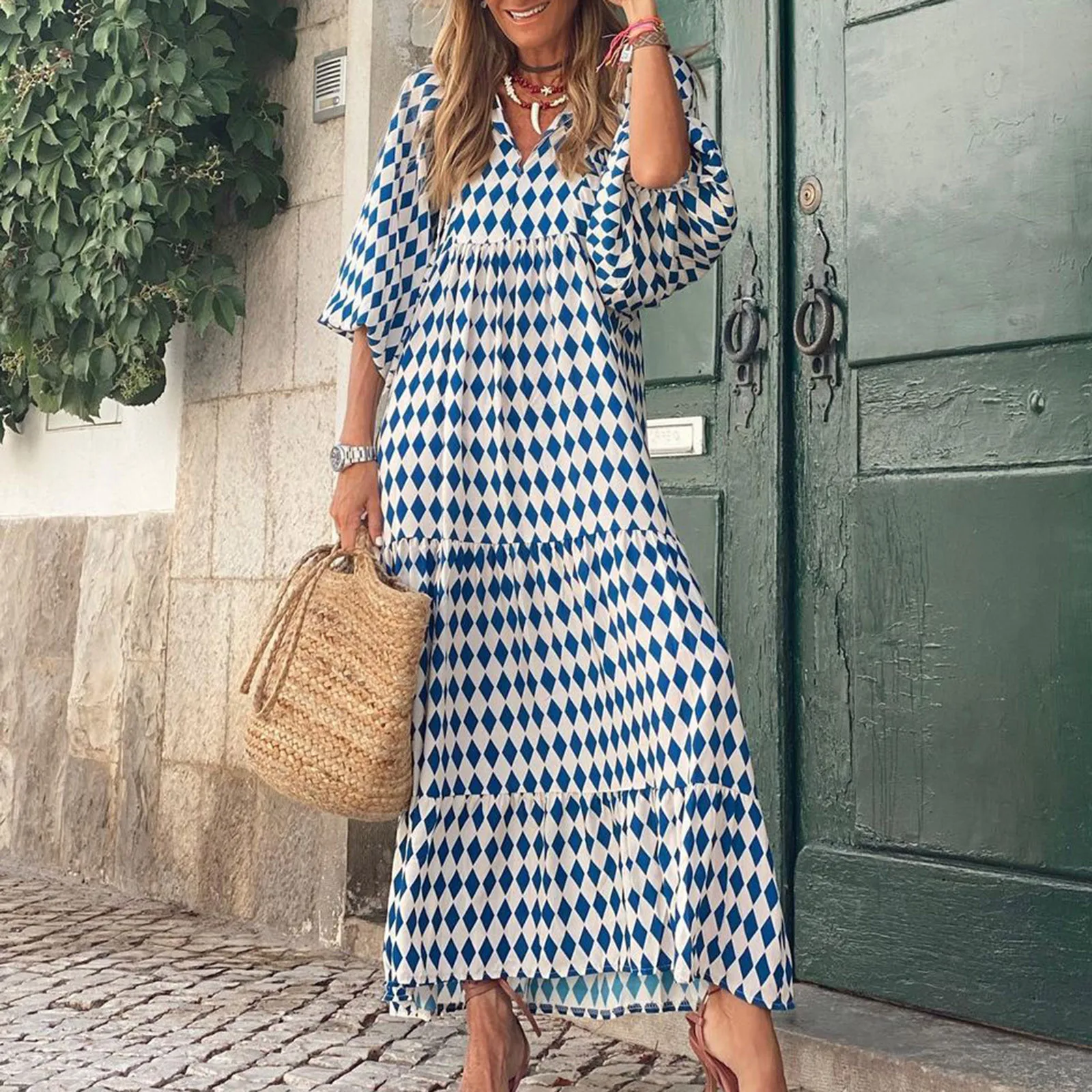 Women Bohemia Casual Dress Summer Geometric Print Neckline Lace-up Puff Sleeves Long Dresess Holiday Beach Robe A-Line Vestidos Women Bohemia Casual Dress Summer Geometric Print Neckline Lace-up Puff Sleeves Long Dresess Holiday Beach Robe A-Line Vestidos