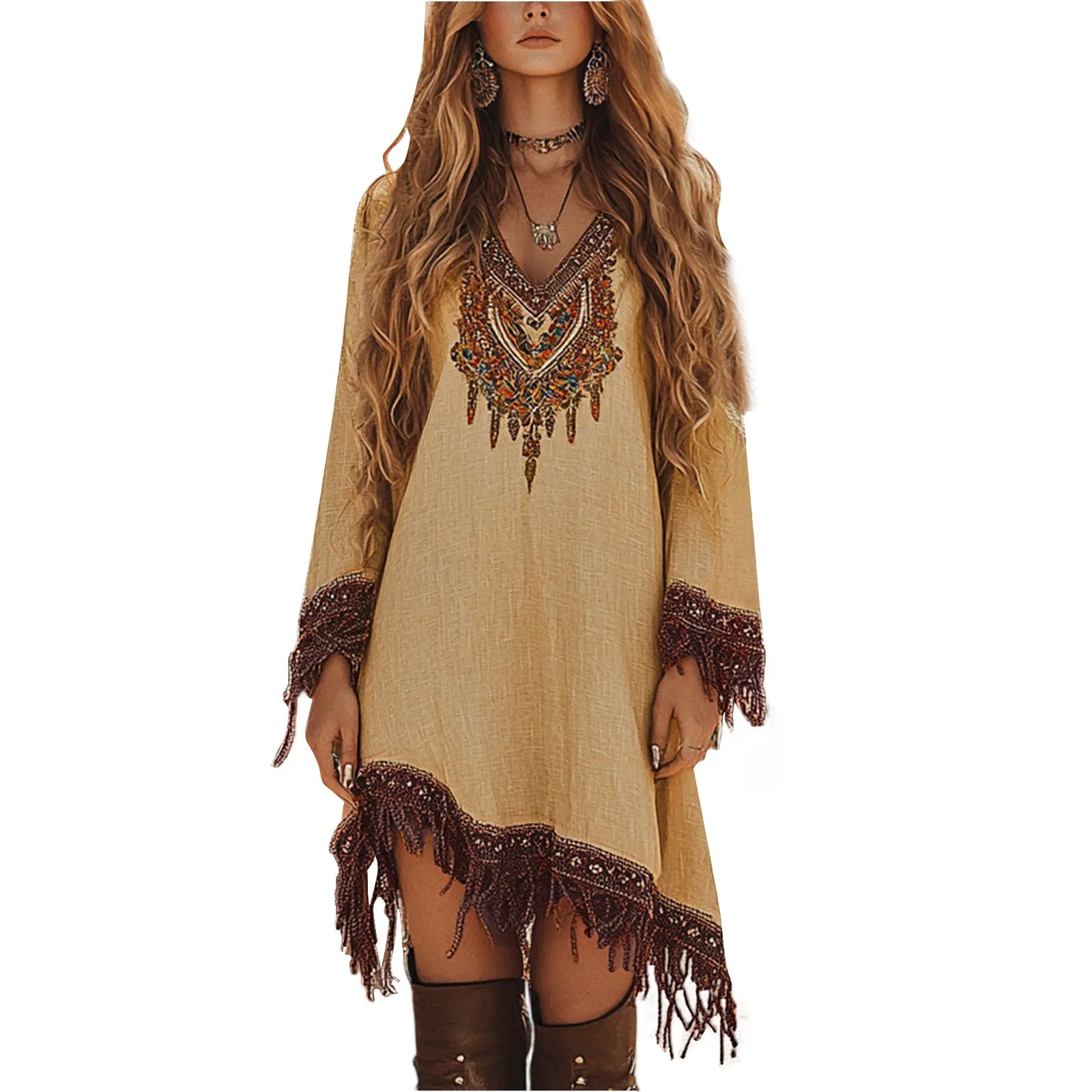 Female Fashionable Bohemian Flowing Tassel Loose Long Sleeved V-neck Irregular Dress Vintage Comfy Holiday Style Clothing