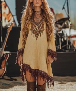 Female Fashionable Bohemian Flowing Tassel Loose Long-Sleeved V-Neck