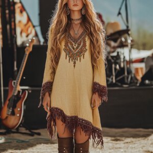 Female Fashionable Bohemian Flowing Tassel Loose Long Sleeved V-neck Irregular Dress Vintage Comfy Holiday Style Clothing