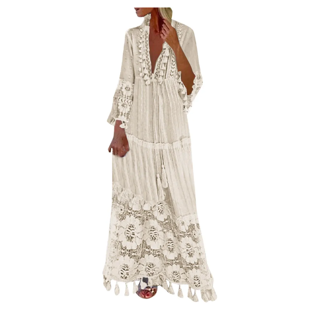 Ladies Bohemian V-Neck Tassel Large Size Casual Dress Women Lace Solid Fashion Dress Elegant Robe Boho Holiday Long Dress