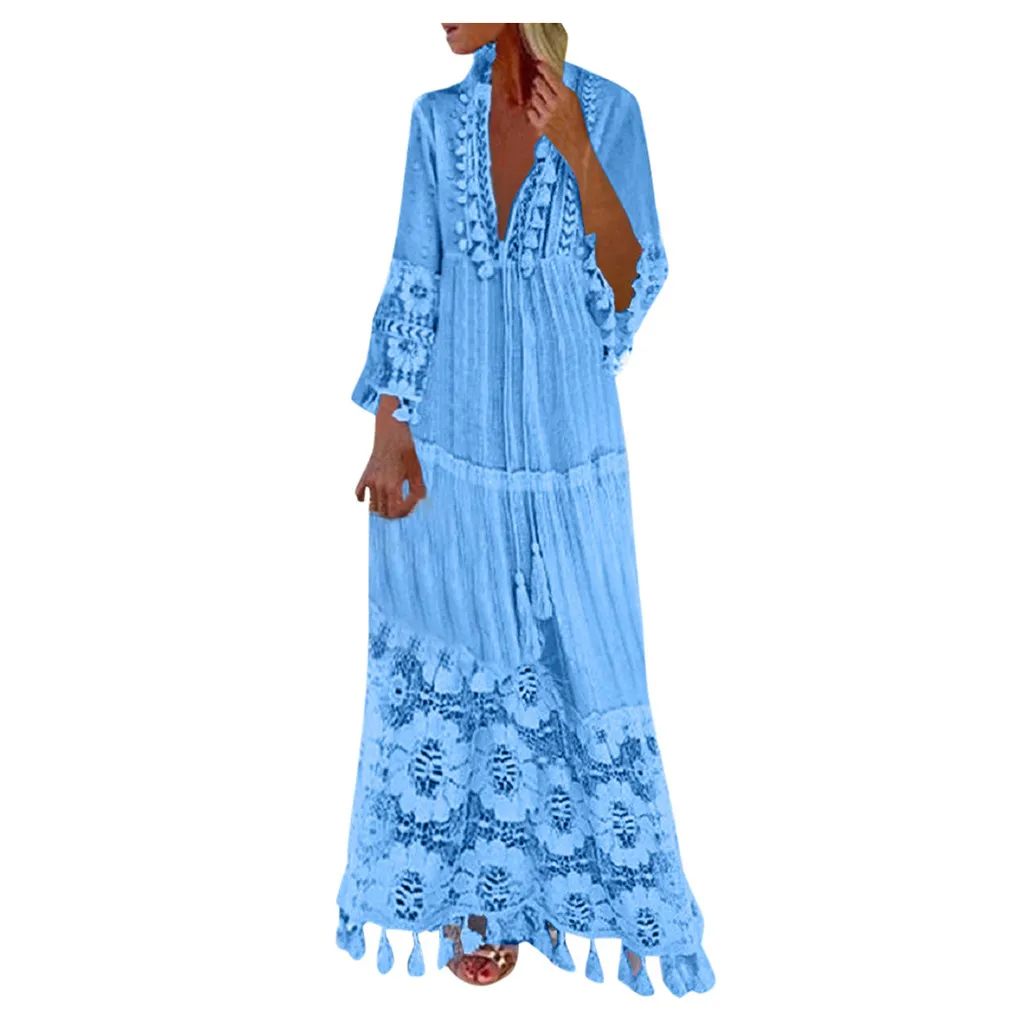 Ladies Bohemian V-Neck Tassel Large Size Casual Dress Women Lace Solid Fashion Dress Elegant Robe Boho Holiday Long Dress
