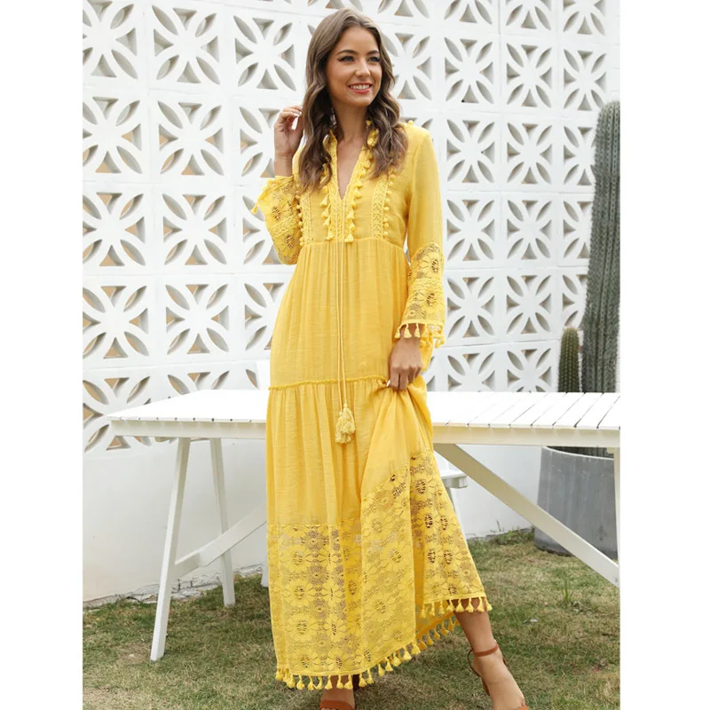 Ladies Bohemian V-Neck Tassel Large Size Casual Dress Women Lace Solid Fashion Dress Elegant Robe Boho Holiday Long Dress