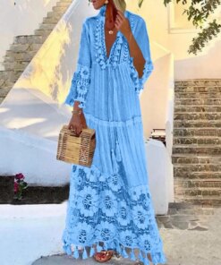 Ladies Bohemian V-Neck Tassel Large Size Casual Dress Women Lace