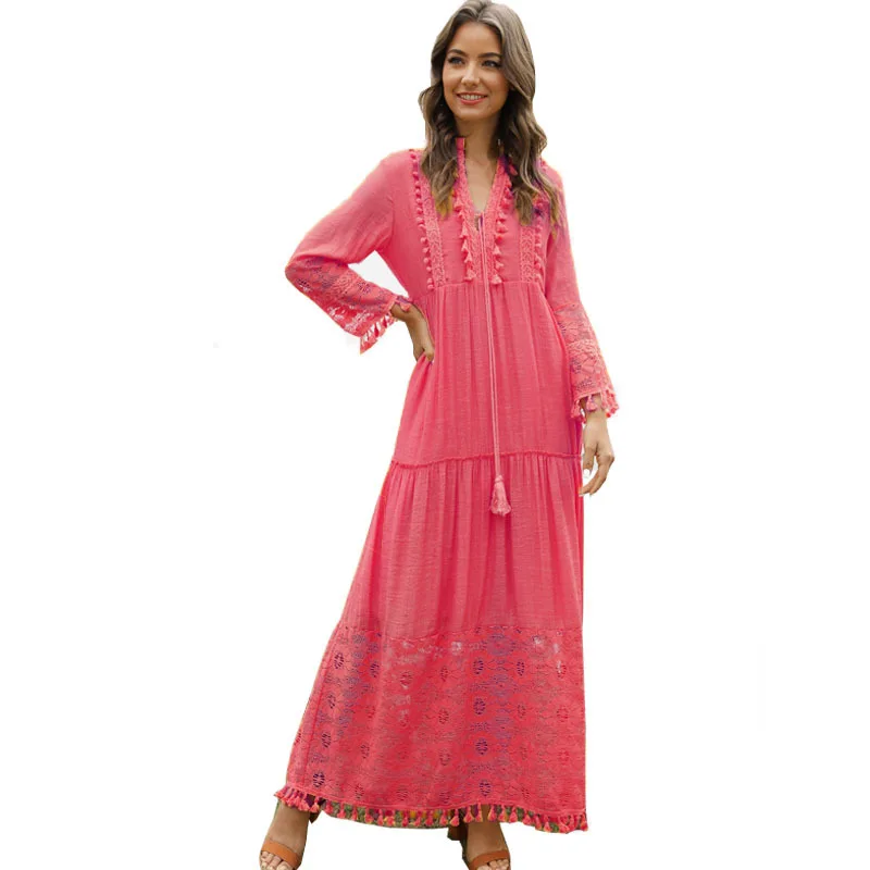 Ladies Bohemian V-Neck Tassel Large Size Casual Dress Women Lace Solid Fashion Dress Elegant Robe Boho Holiday Long Dress