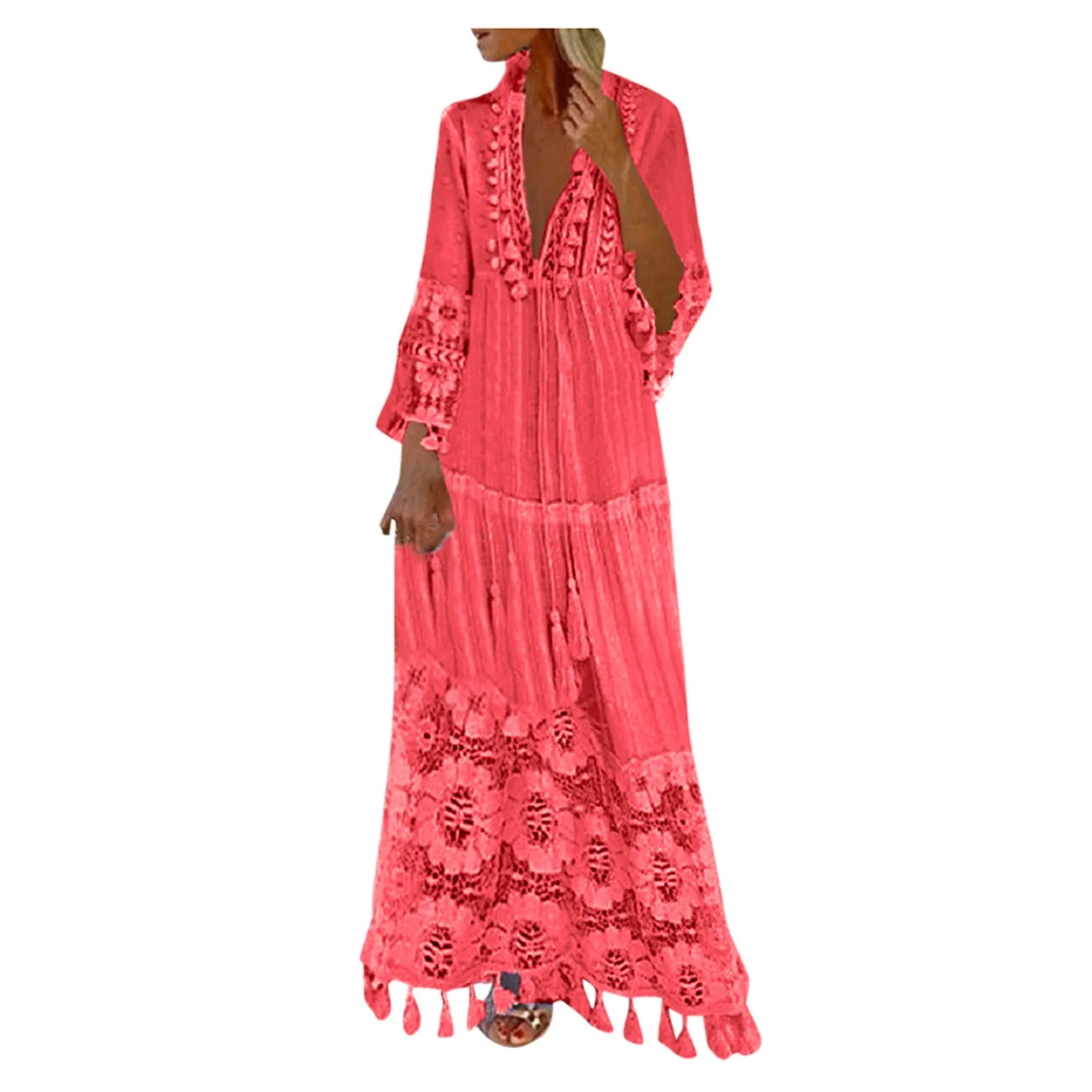 Ladies Bohemian V-Neck Tassel Large Size Casual Dress Women Lace Solid Fashion Dress Elegant Robe Boho Holiday Long Dress