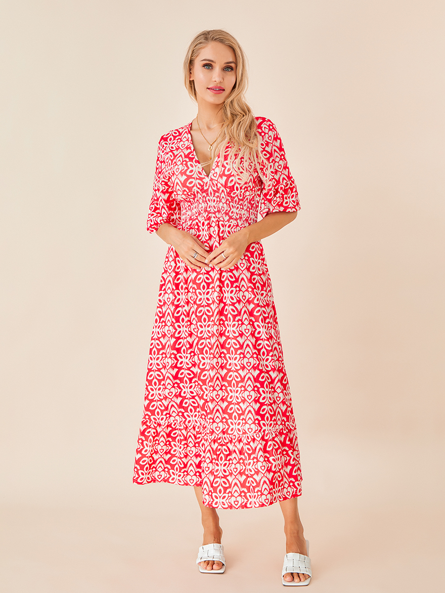 Women s Summer Bohemian Midi Dress Floral Print Half Sleeve V Neck Elastic Waist Loose Beach Dress
