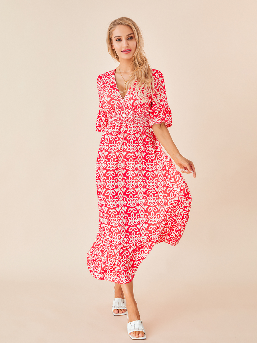 Women s Summer Bohemian Midi Dress Floral Print Half Sleeve V Neck Elastic Waist Loose Beach Dress