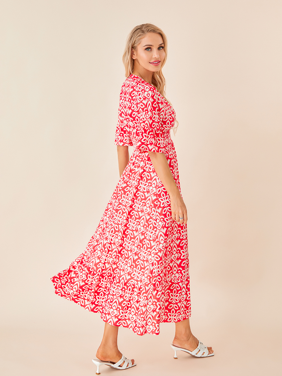 Women s Summer Bohemian Midi Dress Floral Print Half Sleeve V Neck Elastic Waist Loose Beach Dress