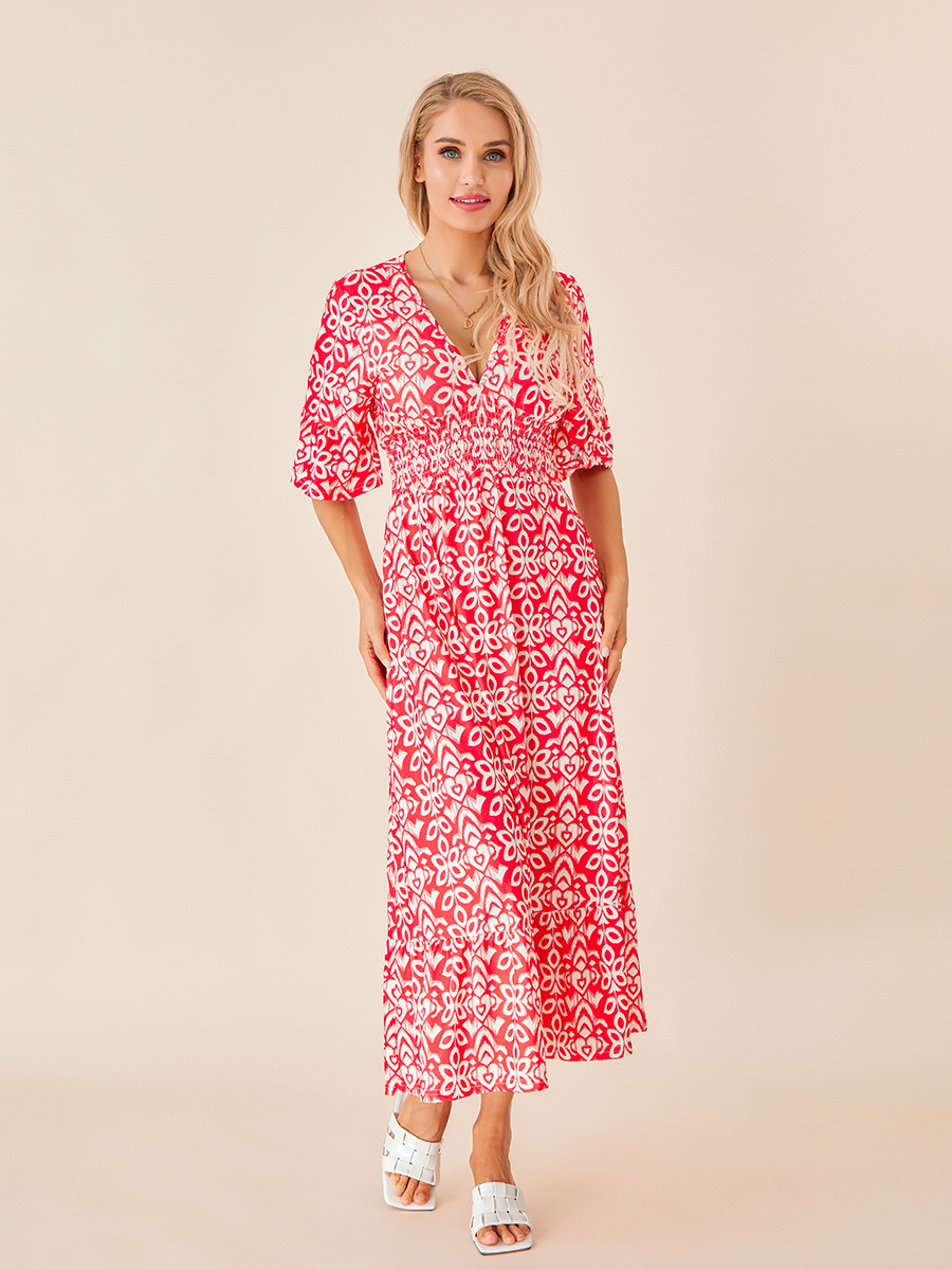 Women s Summer Bohemian Midi Dress Floral Print Half Sleeve V Neck Elastic Waist Loose Beach Dress