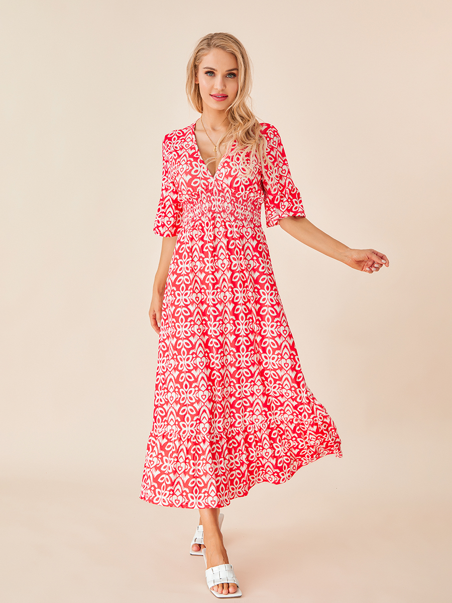 Women s Summer Bohemian Midi Dress Floral Print Half Sleeve V Neck Elastic Waist Loose Beach Dress