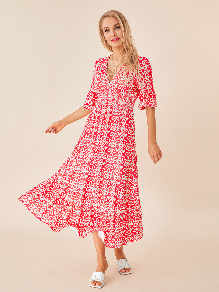 Women s Summer Bohemian Midi Dress Floral Print Half Sleeve V Neck Elastic Waist Loose Beach Dress