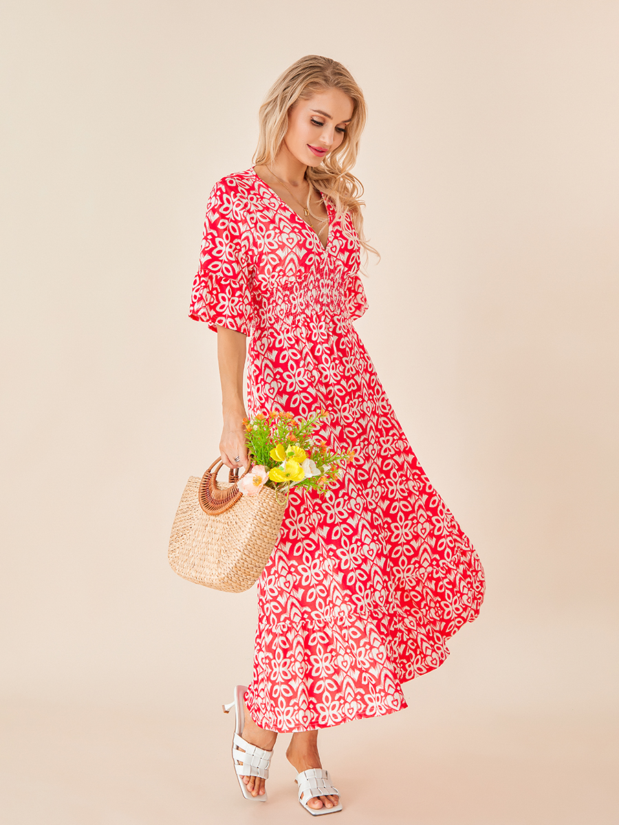 Women s Summer Bohemian Midi Dress Floral Print Half Sleeve V Neck Elastic Waist Loose Beach Dress