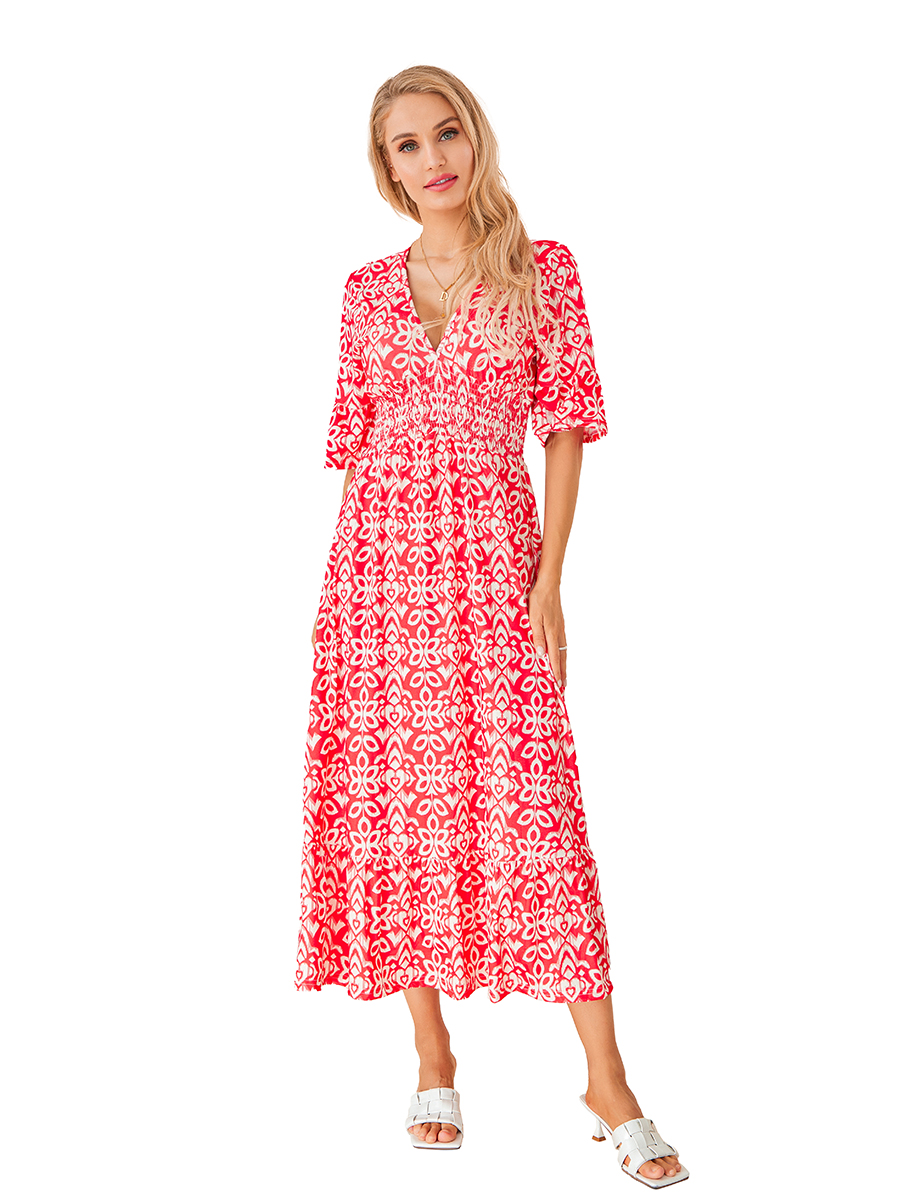 Women s Summer Bohemian Midi Dress Floral Print Half Sleeve V Neck Elastic Waist Loose Beach Dress