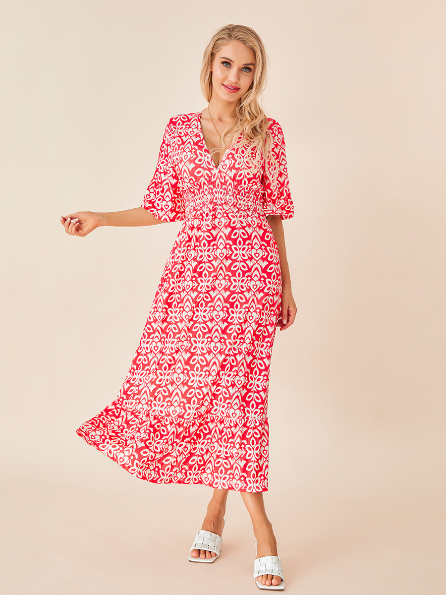 Women s Summer Bohemian Midi Dress Floral Print Half Sleeve V Neck Elastic Waist Loose Beach Dress
