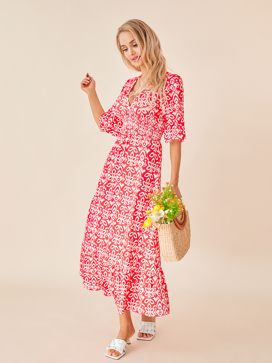 Women s Summer Bohemian Midi Dress Floral Print Half Sleeve V Neck Elastic Waist Loose Beach Dress