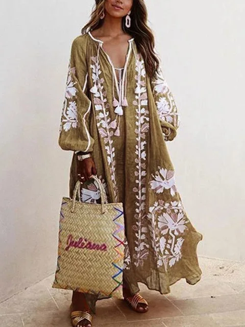 Boho Elegant Print Long Dress For Women Loose Casual V Neck Lace Up Big Hem Long Style Dresses 2024 Fashion New Lady Robe