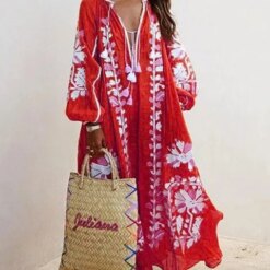 Boho Elegant Print Long Dress for Women Loose Casual V-Neck Lace-Up