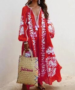 Boho Elegant Print Long Dress for Women Loose Casual V-Neck Lace-Up