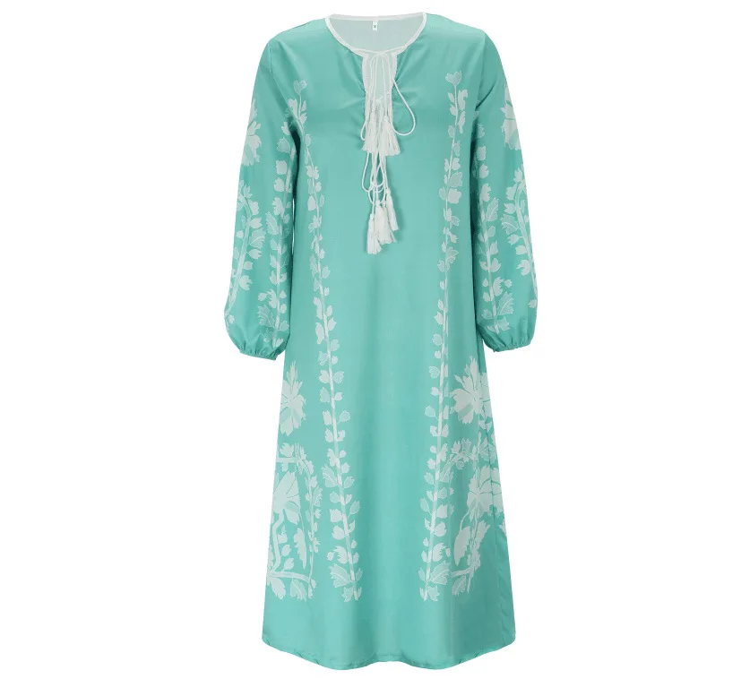 Boho Elegant Print Long Dress For Women Loose Casual V Neck Lace Up Big Hem Long Style Dresses 2024 Fashion New Lady Robe