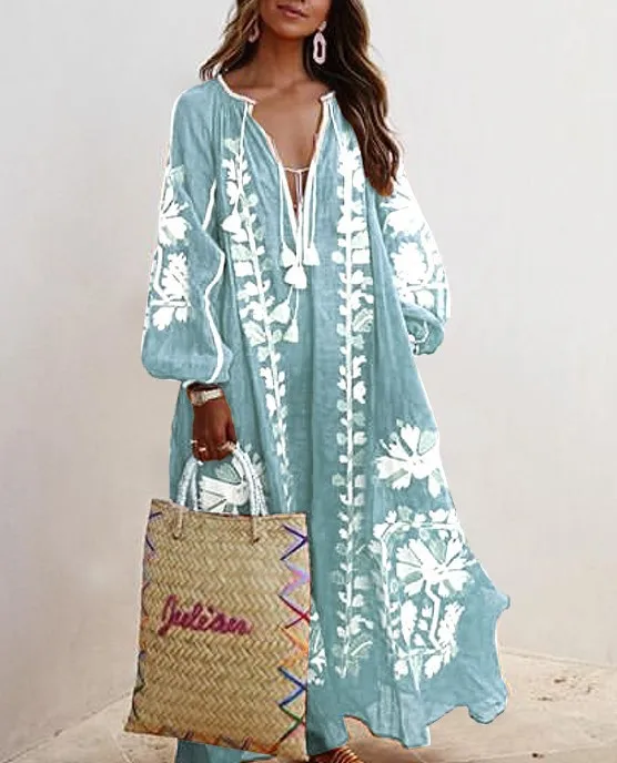 Boho Elegant Print Long Dress For Women Loose Casual V Neck Lace Up Big Hem Long Style Dresses 2024 Fashion New Lady Robe