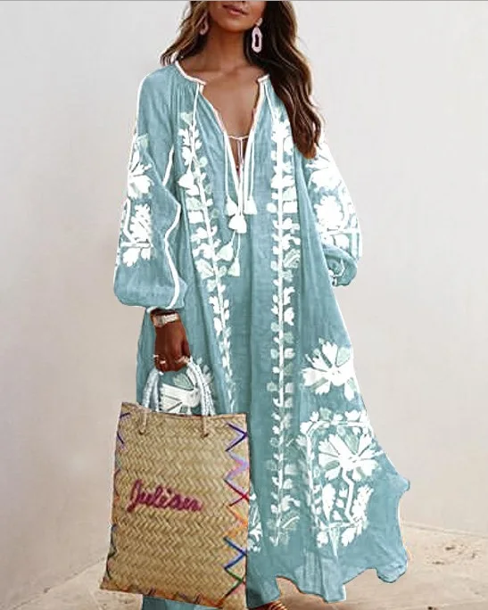 Boho Elegant Print Long Dress For Women Loose Casual V Neck Lace Up Big Hem Long Style Dresses 2024 Fashion New Lady Robe