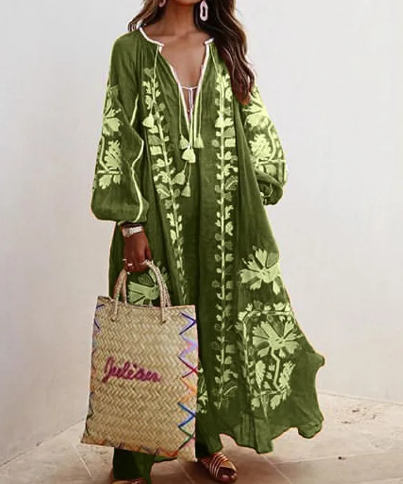 Boho Elegant Print Long Dress For Women Loose Casual V Neck Lace Up Big Hem Long Style Dresses 2024 Fashion New Lady Robe