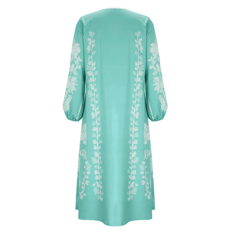 Boho Elegant Print Long Dress For Women Loose Casual V Neck Lace Up Big Hem Long Style Dresses 2024 Fashion New Lady Robe