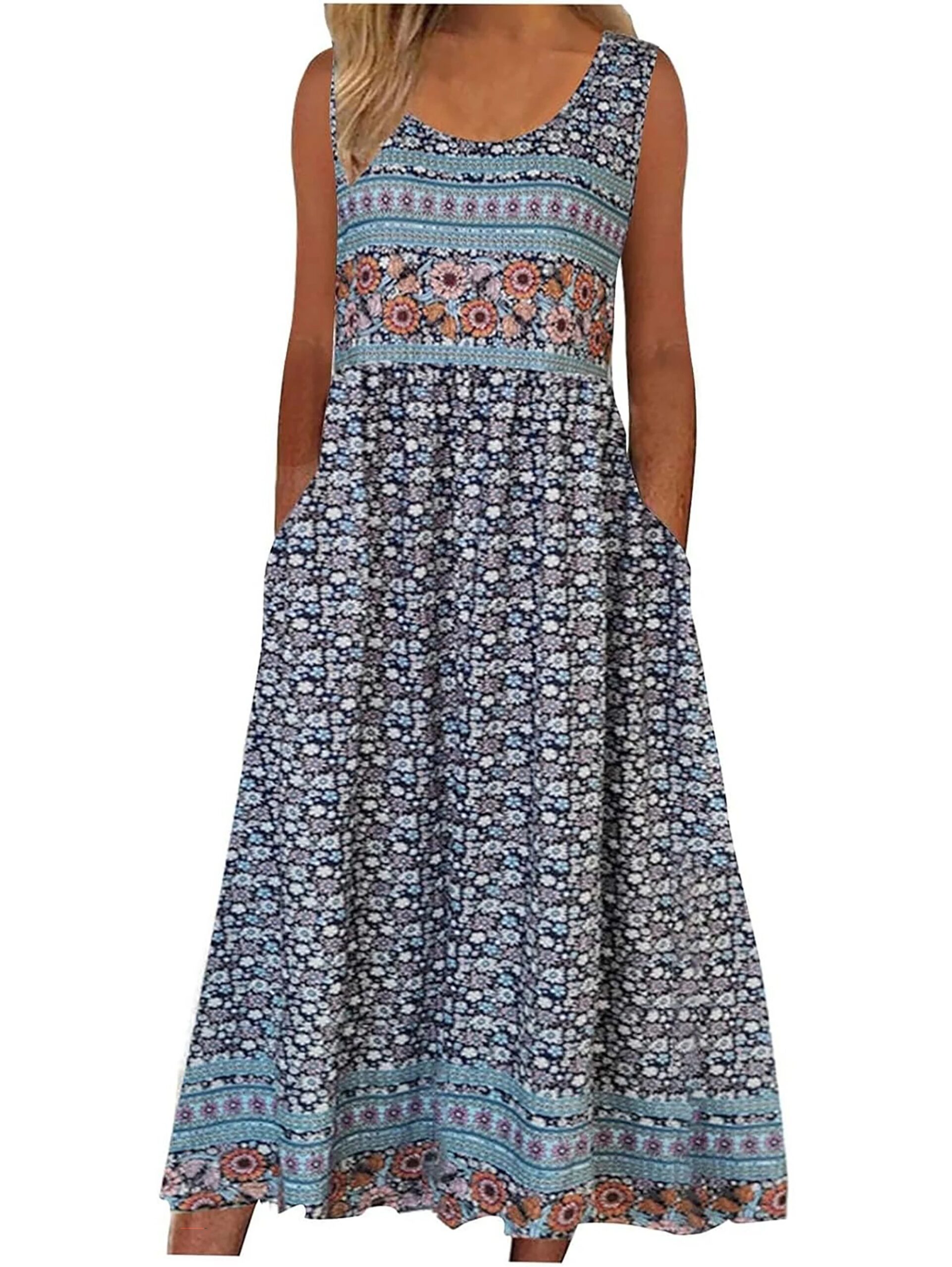 2025 summer new! Women's sleeveless Bohemian floral casual beach MIDI sundress with pockets flowing and loose