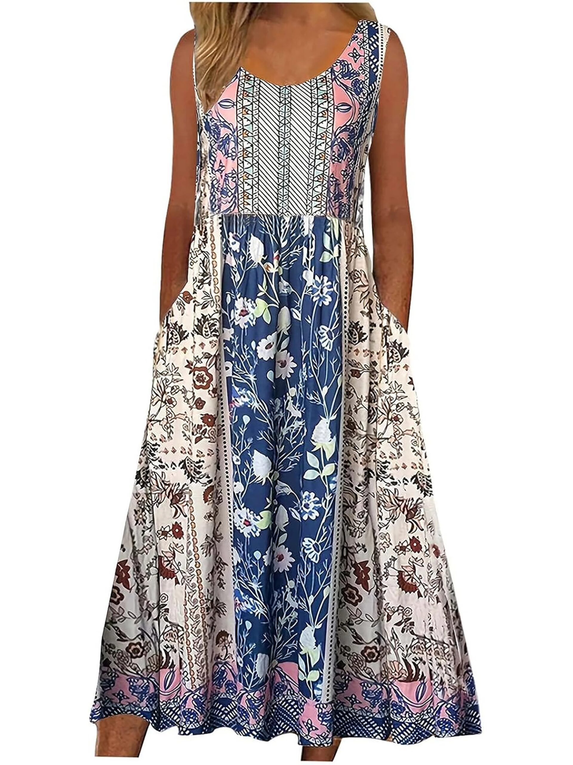 2025 summer new! Women's sleeveless Bohemian floral casual beach MIDI sundress with pockets flowing and loose
