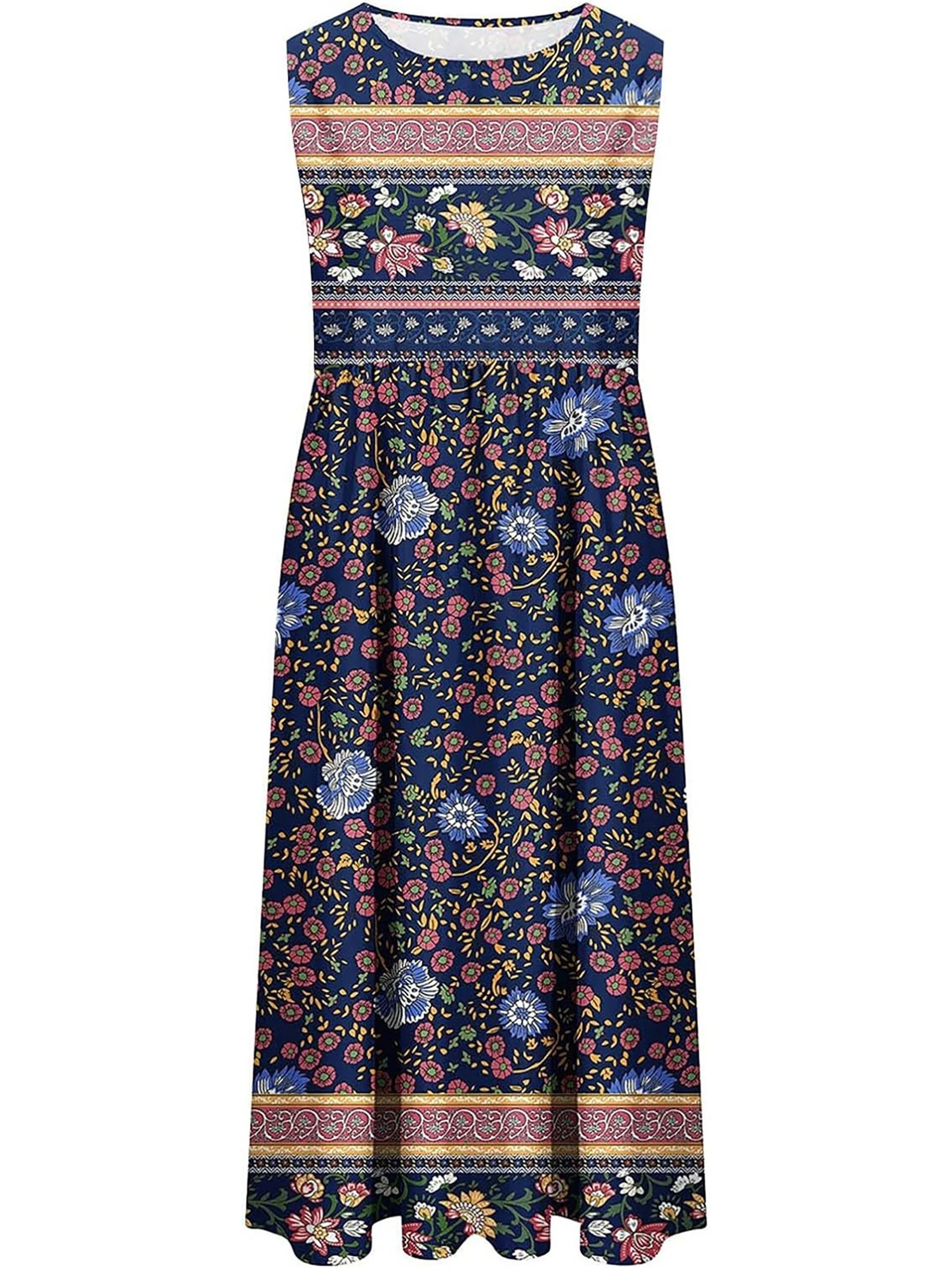 2025 summer new! Women's sleeveless Bohemian floral casual beach MIDI sundress with pockets flowing and loose
