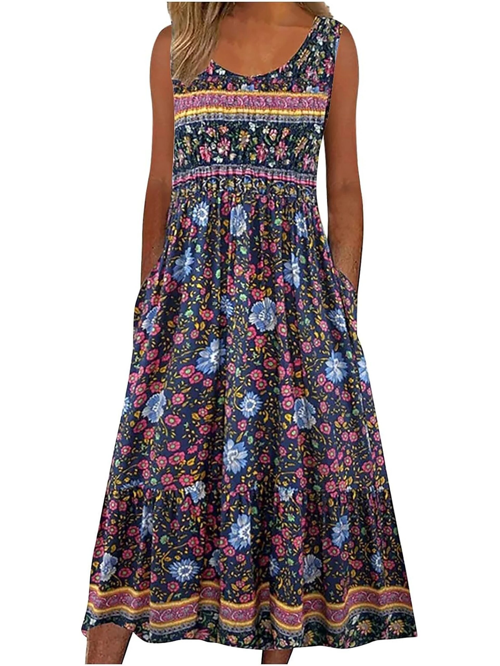 2025 summer new! Women's sleeveless Bohemian floral casual beach MIDI sundress with pockets flowing and loose