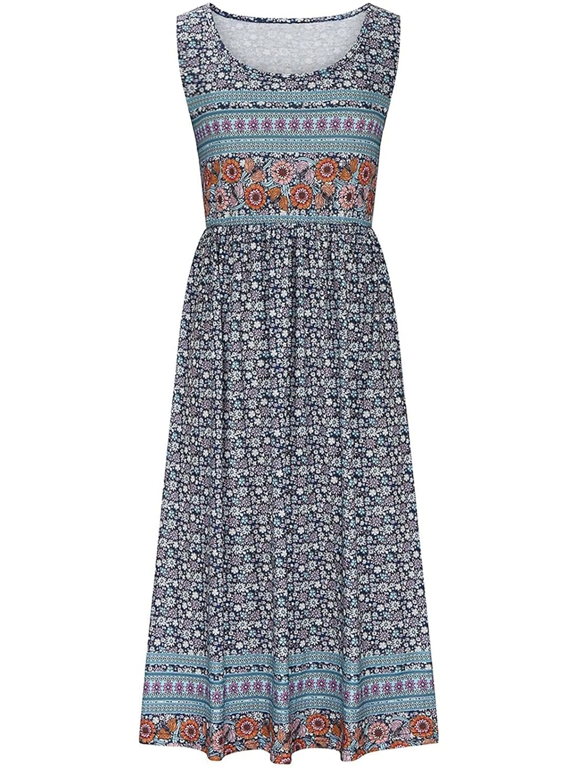 2025 summer new! Women's sleeveless Bohemian floral casual beach MIDI sundress with pockets flowing and loose