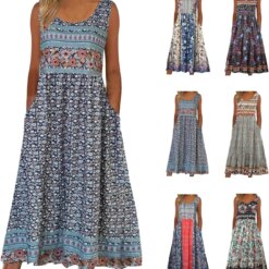2026 Summer New Womens Sleeveless Bohemian Floral Casual Beach Midi