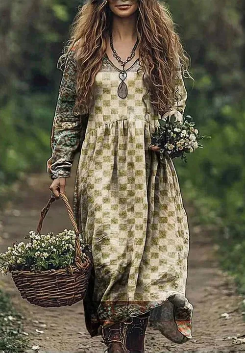 Boho Vintage Print Long Dresses For Women 2025 Casual V Neck Full Sleeve Splice High Waist Loose Dress Autumn Fashion Vestidos