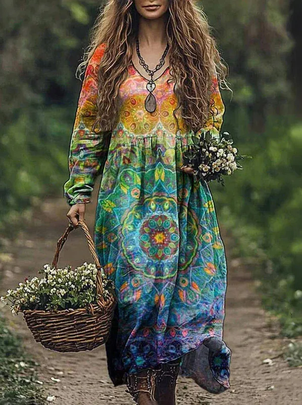 Boho Vintage Print Long Dresses For Women 2025 Casual V Neck Full Sleeve Splice High Waist Loose Dress Autumn Fashion Vestidos