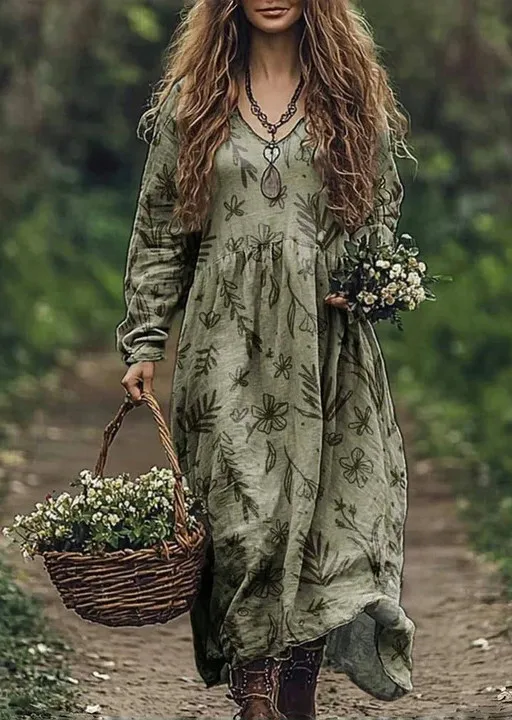 Boho Vintage Print Long Dresses For Women 2025 Casual V Neck Full Sleeve Splice High Waist Loose Dress Autumn Fashion Vestidos