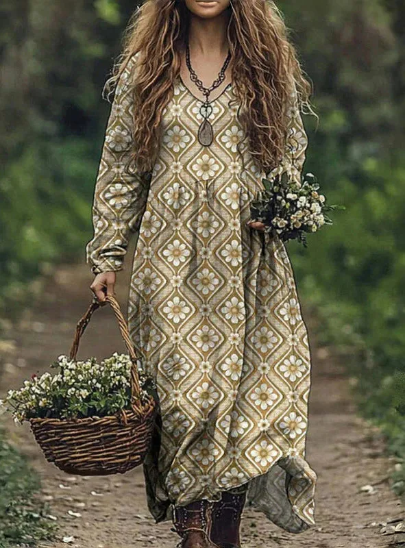 Boho Vintage Print Long Dresses For Women 2025 Casual V Neck Full Sleeve Splice High Waist Loose Dress Autumn Fashion Vestidos