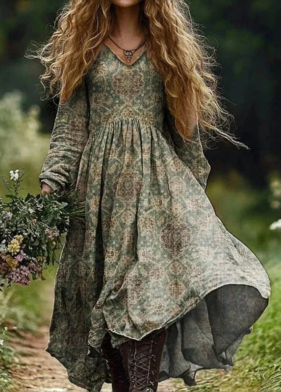 Boho Vintage Print Long Dresses For Women 2025 Casual V Neck Full Sleeve Splice High Waist Loose Dress Autumn Fashion Vestidos