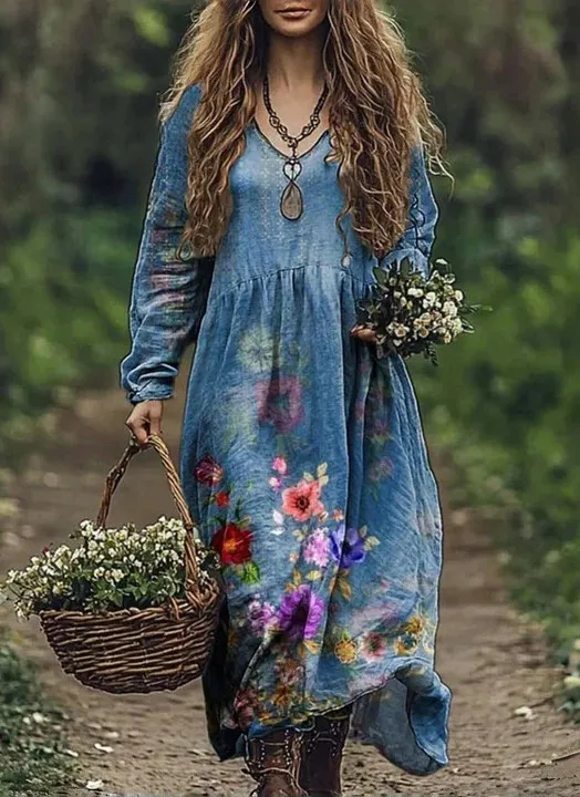 Boho Vintage Print Long Dresses For Women 2025 Casual V Neck Full Sleeve Splice High Waist Loose Dress Autumn Fashion Vestidos