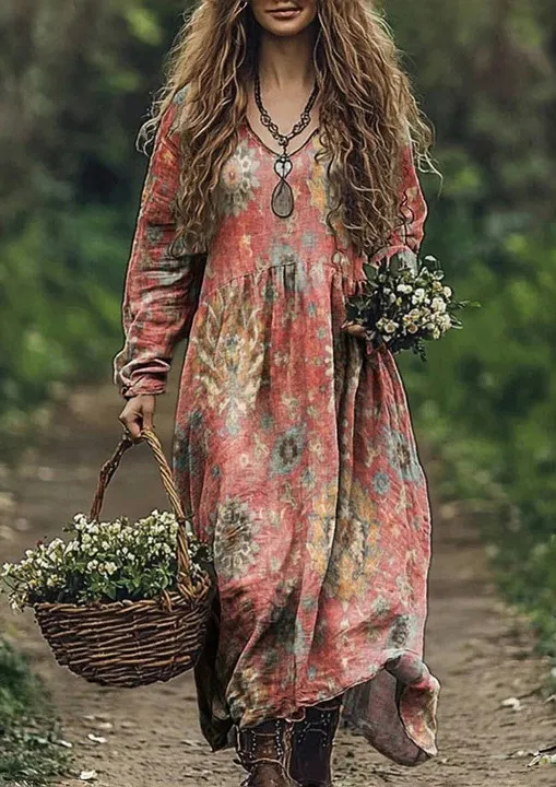 Boho Vintage Print Long Dresses For Women 2025 Casual V Neck Full Sleeve Splice High Waist Loose Dress Autumn Fashion Vestidos