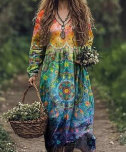 Boho Vintage Print Long Dresses for Women 2026 Casual V-Neck