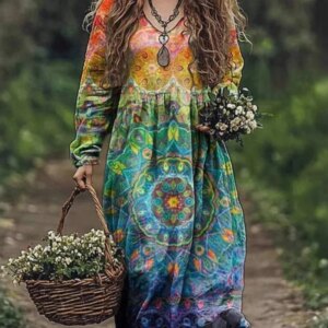 Boho Vintage Print Long Dresses For Women 2025 Casual V Neck Full Sleeve Splice High Waist Loose Dress Autumn Fashion Vestidos