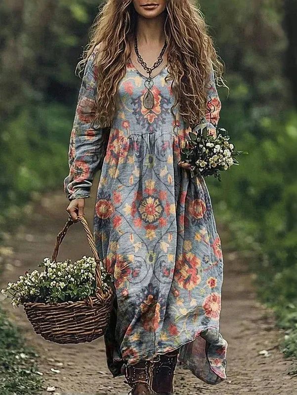 Boho Vintage Print Long Dresses For Women 2025 Casual V Neck Full Sleeve Splice High Waist Loose Dress Autumn Fashion Vestidos