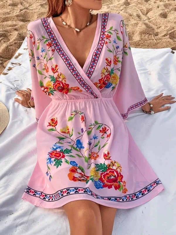 2024 Summer Fashion New Bohemian Style Sexy Dress Vintage V-neck Tie Waist Vacation Style Beach Ethnic Style Knee Length Skirt