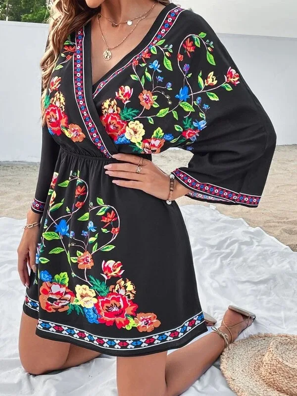 2024 Summer Fashion New Bohemian Style Sexy Dress Vintage V-neck Tie Waist Vacation Style Beach Ethnic Style Knee Length Skirt