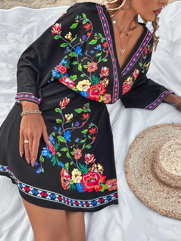 2024 Summer Fashion New Bohemian Style Sexy Dress Vintage V-neck Tie Waist Vacation Style Beach Ethnic Style Knee Length Skirt