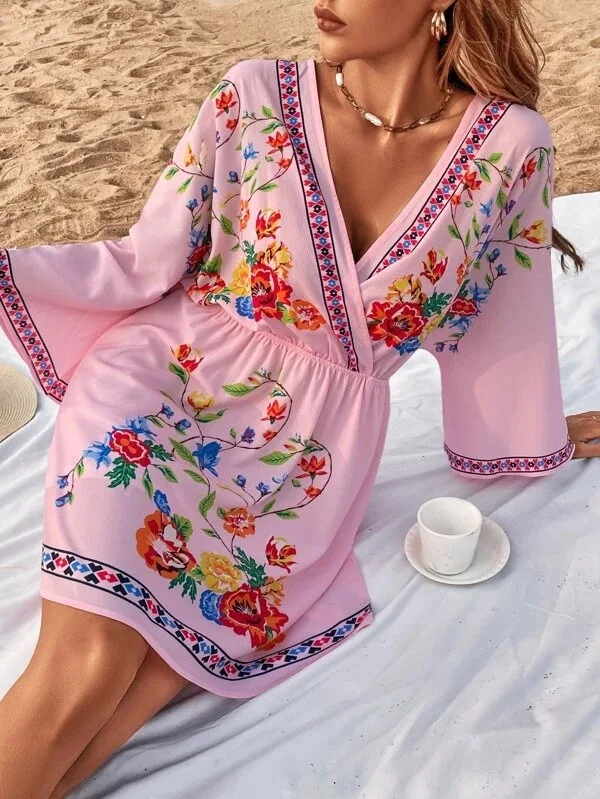 2024 Summer Fashion New Bohemian Style Sexy Dress Vintage V-neck Tie Waist Vacation Style Beach Ethnic Style Knee Length Skirt