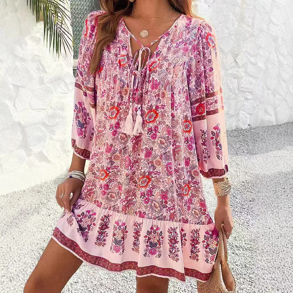 Casual Print Loose Dress For Women Fashion Long Sleeve V Neck Lace-up Vintage Pullover Dresses Lady Boho Holiday Womens Clothing